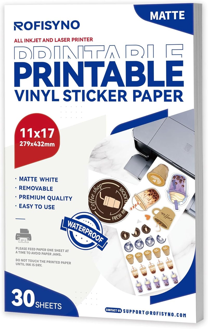 ROFISYNO 11x17 Printable Vinyl Sticker Paper Waterproof, Removable Self Adhesive Vinyl Sticker Sheets for Inkjet and Laser printer, 30 Pack, Tabloid Size, Matte White - Image 1